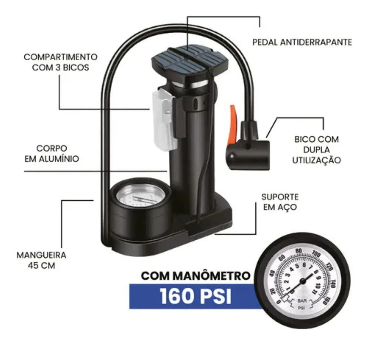Bomba de Ar com Manômetro Portátil #TDD 2
