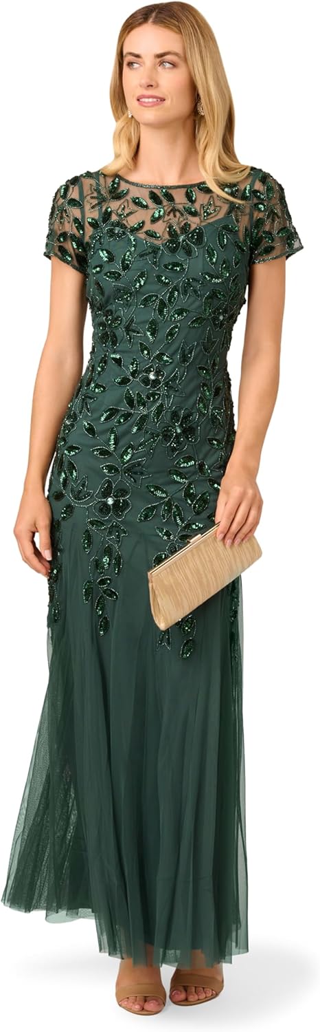 Vestido Godê Floral de Manga Curta com Bordados à Mão Esmeralda Acinzentado 4