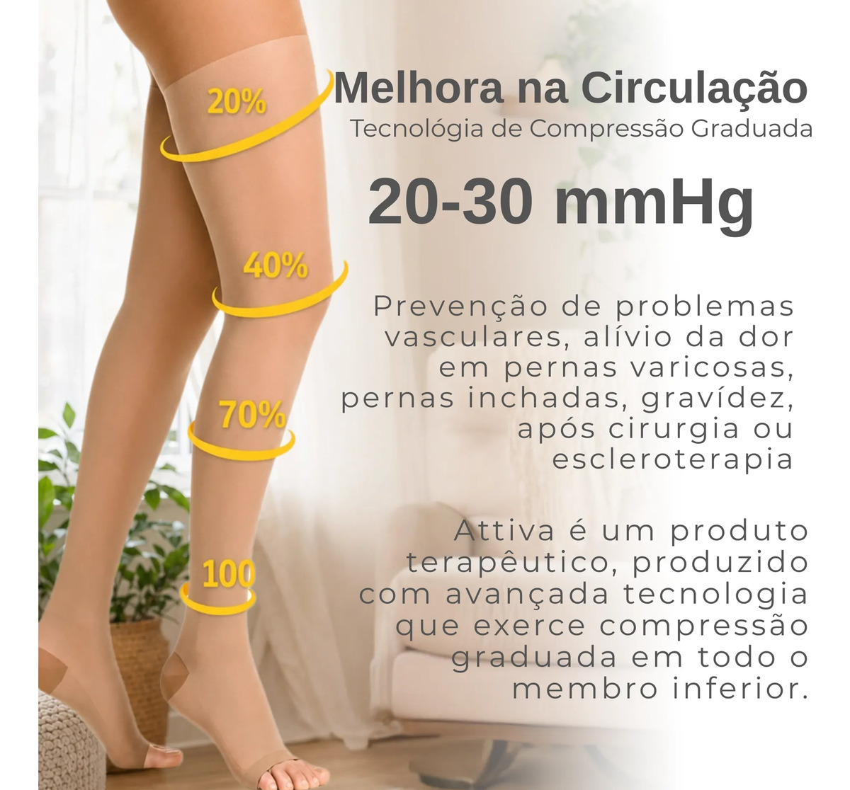 Meia de Compressão Feminina 7/8 Meia Coxa Alta 20-30 mmHg Ponteira Aberta 2