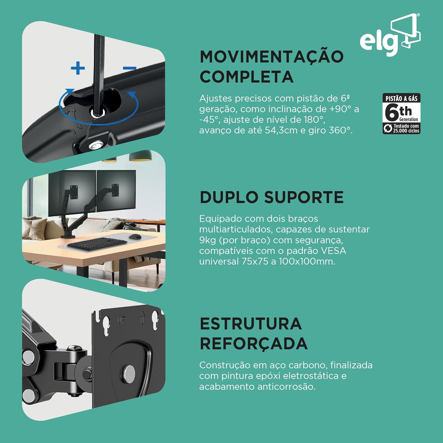 Suporte Ergonômico Articulado de Mesa com Pistão a Gás para 2 Monitores de 17” a 35” Elg 4