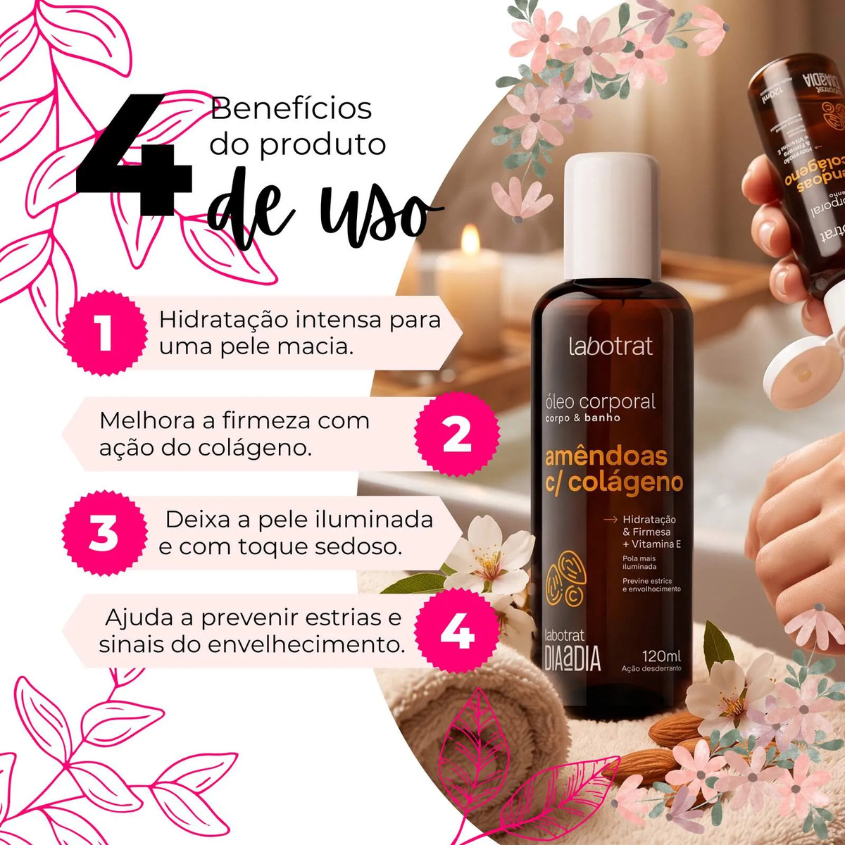 Óleo Corporal Hidratante e Nutritivo com Amêndoas, Colágeno e Vitamina E 3
