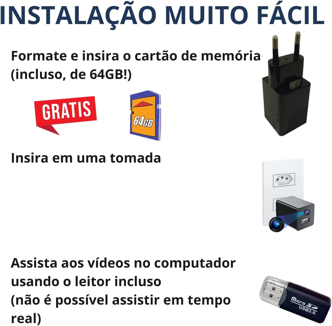 Mini Câmera Espiã Carregador de Tomada 4