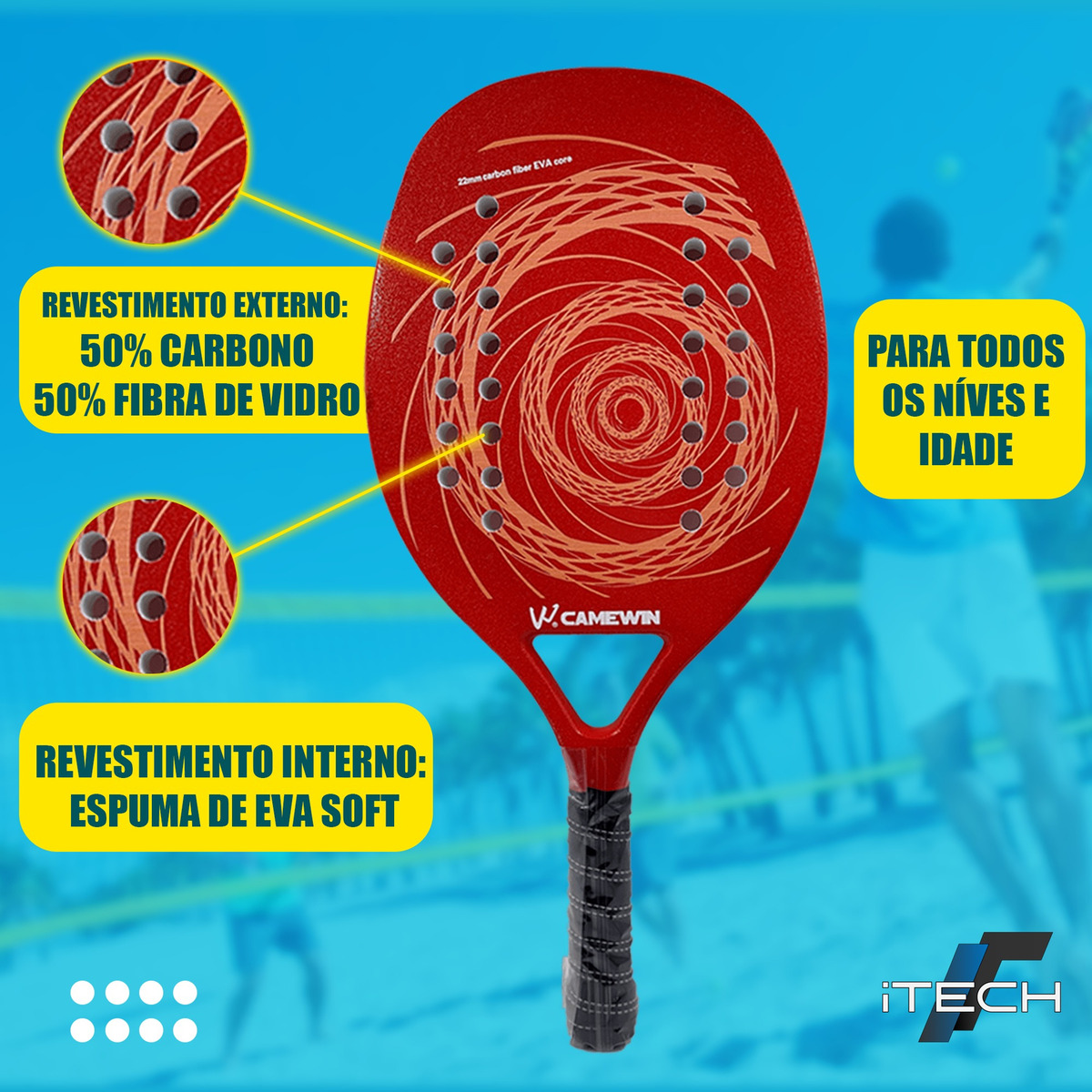 Kit Raquete para Beach Tennis Profissional em Fibra Carbono com Capa Protetora 2