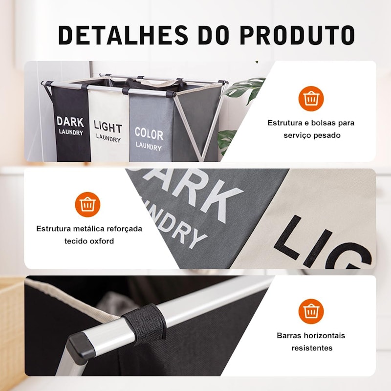 Cesto de Roupas Sujas Organizador 3 Divisórias 4