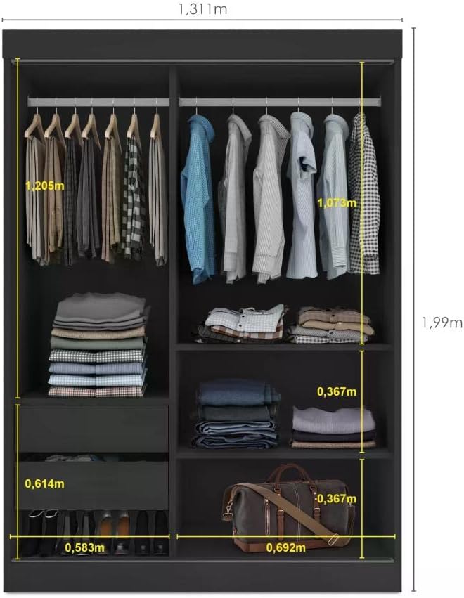 Guarda-Roupa Solteiro 2 Portas de Correr 2 Gavetas e Espelho Peônia Yescasa 2