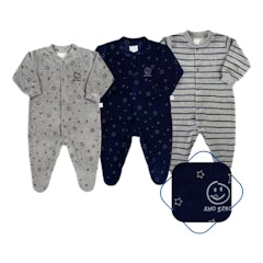 Macacão Bebê Menino Plush Estampado e Listrado Kit Macacão Plush Menino 3 Peças
