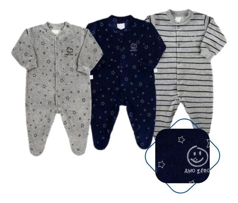 Macacão Bebê Menino Plush Estampado e Listrado Kit Macacão Plush Menino 3 Peças 1
