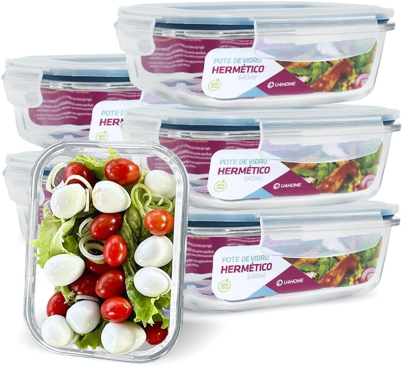 Kit 6 Potes de Vidro Retangular com Tampa Hermética 640 ml 1