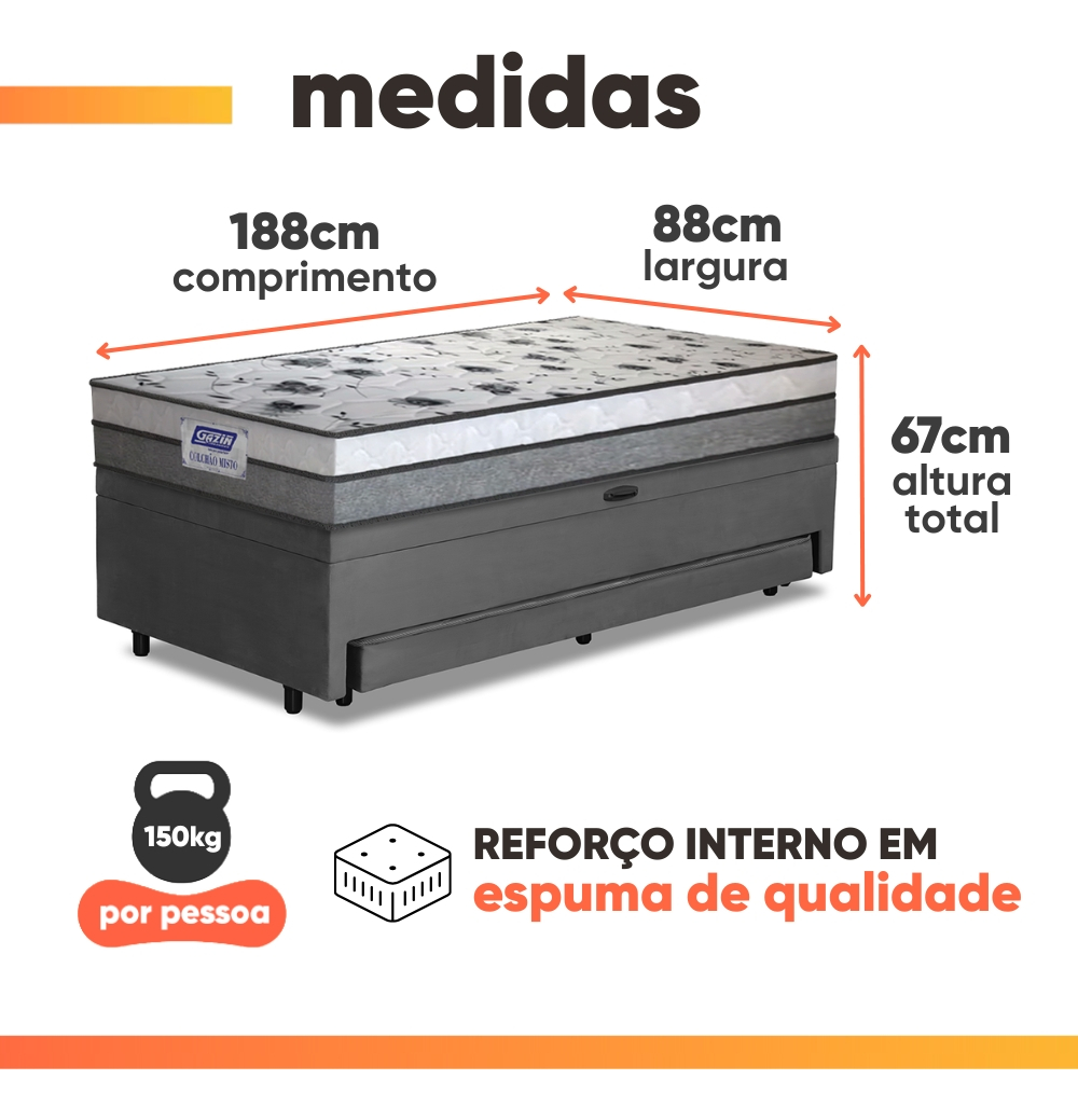 Cama Bibox Baú com Colchão Fort Solteiro e Cama Auxiliar Conjugada Bela 3