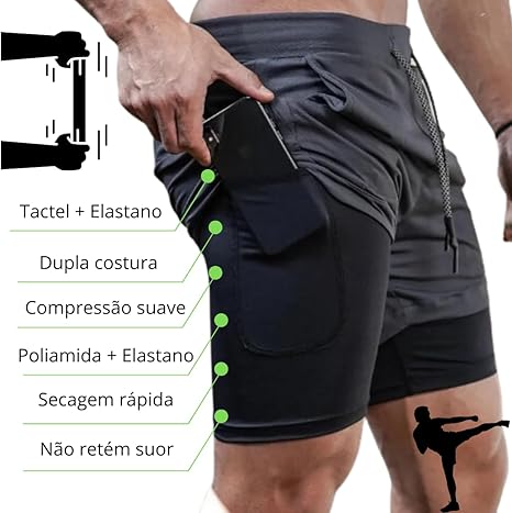 Short Duplo 2 em 1 para Corrida Bolso Interno Proteção UV20+ 2