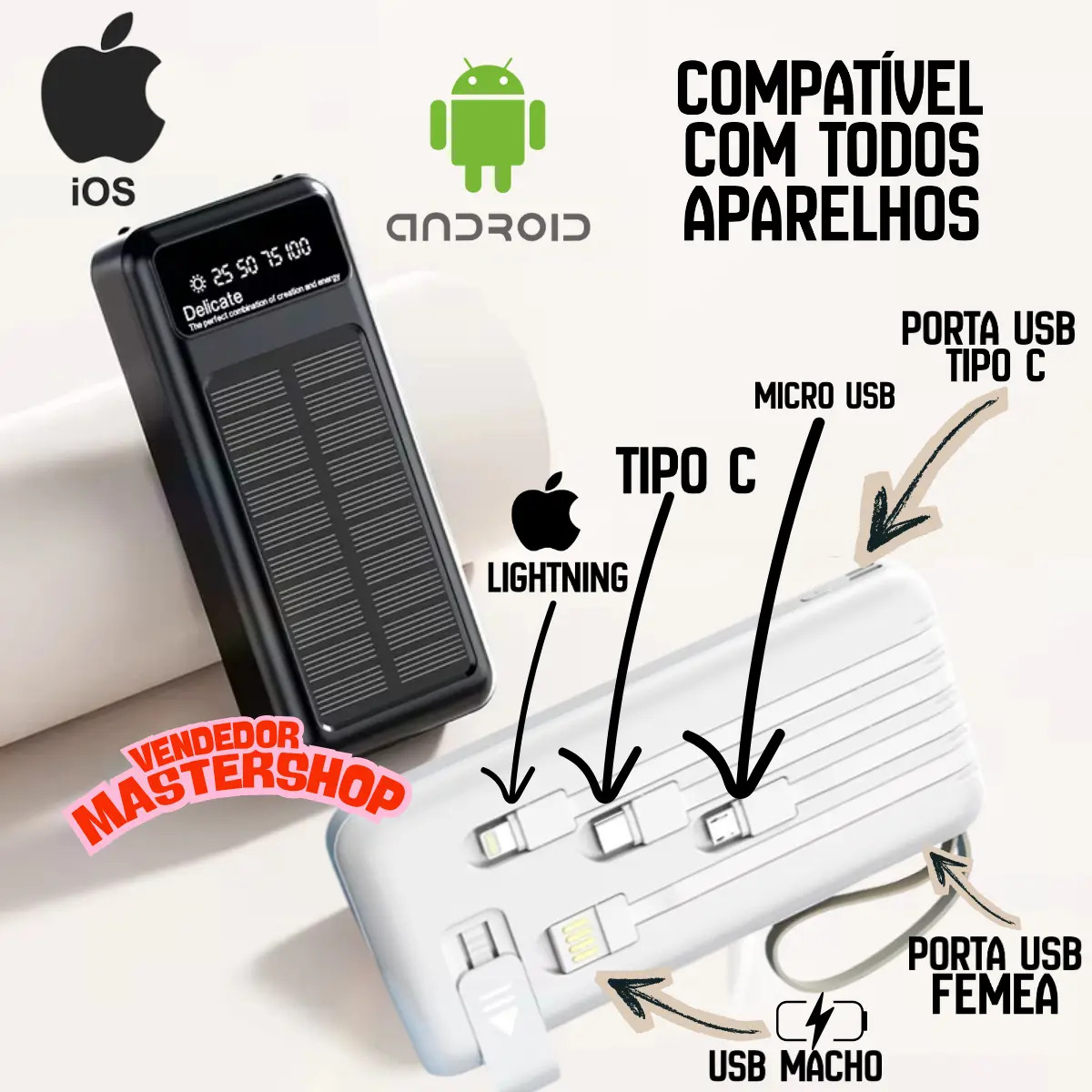 Carregador Portátil Power Bank Solar 20.000 mAh 3