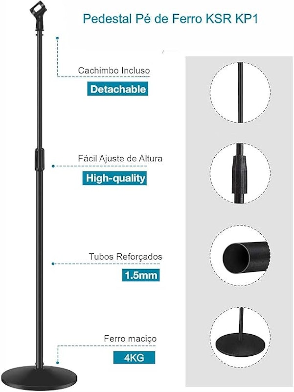 Pedestal Microfone Suporte Reto Pé de Ferro Maciço KSR 2