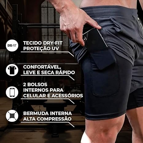 Short Masculino Academia 2 em 1 Bermuda Dry Fit 2
