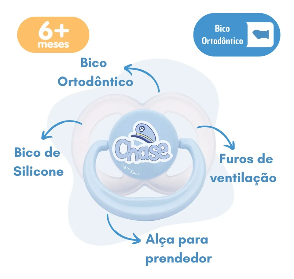 Chupeta Anatômica Silicone 6m+ Patrulha Canina Chase Azul 2