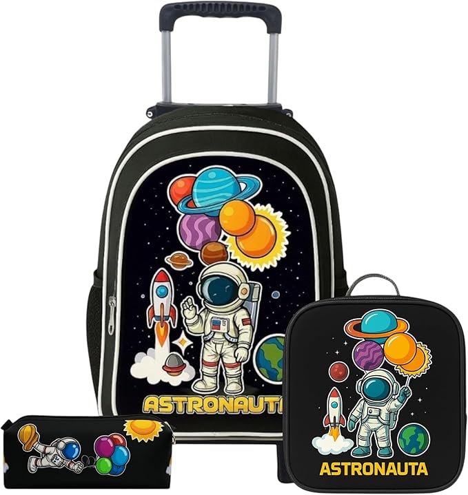 Kit Mochila de Rodinha Escolar Infantil Masculino + Lancheira Térmica + Estojo Astronauta Pikuka 1