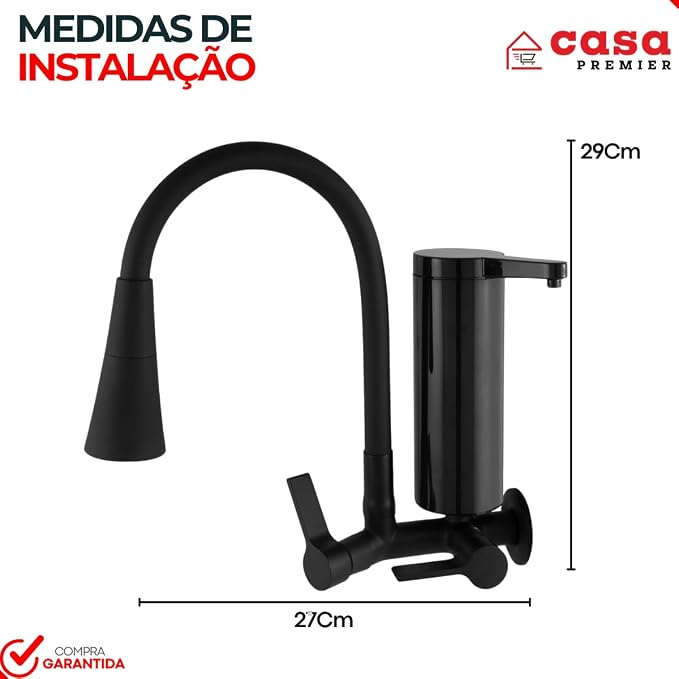 Torneira Pia Cozinha Preta Parede com Filtro Gourmet 2 Jatos ABS 2
