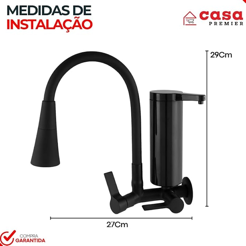 Torneira Pia Cozinha Preta Parede com Filtro Gourmet 2 Jatos ABS 2