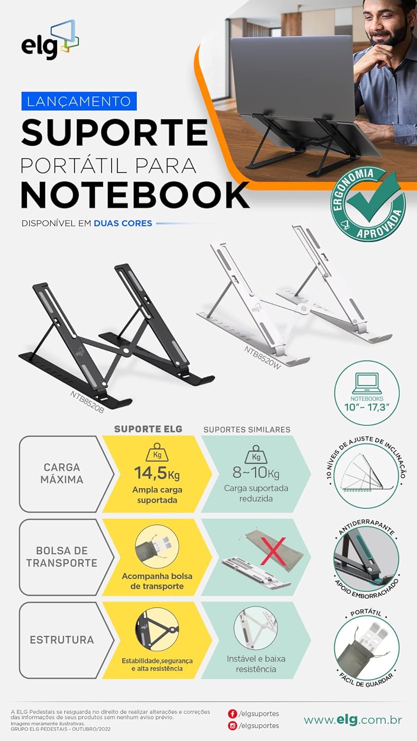 Suporte de Mesa Portátil para Notebook/ Laptop - 10" a 17,3" 2