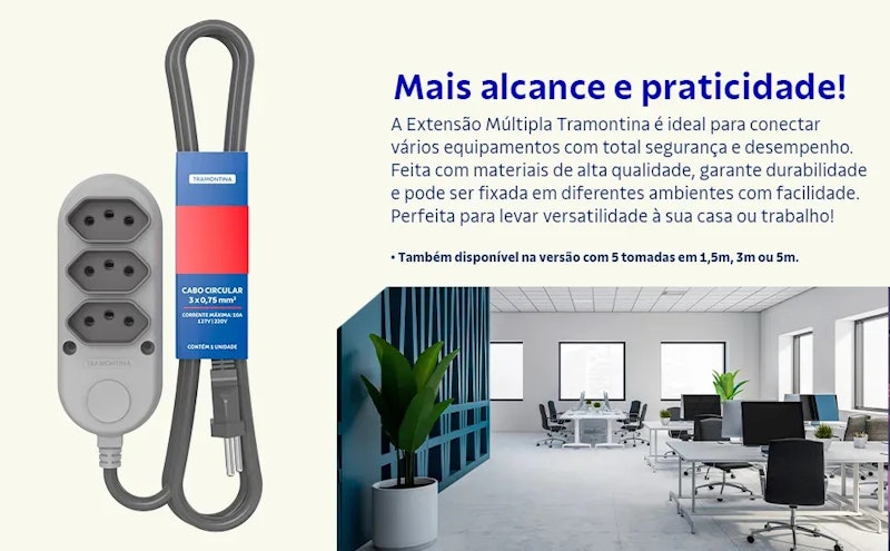 Extensão Múltipla 3 Tomadas 2 P+T 10 A 250 V Tramontina 5 m 6