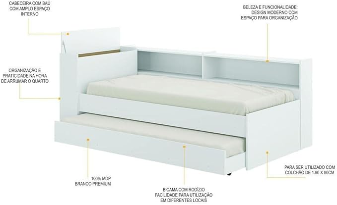 Bicama com Prateleira e Baú para Colchão 78 x 188 cm 3