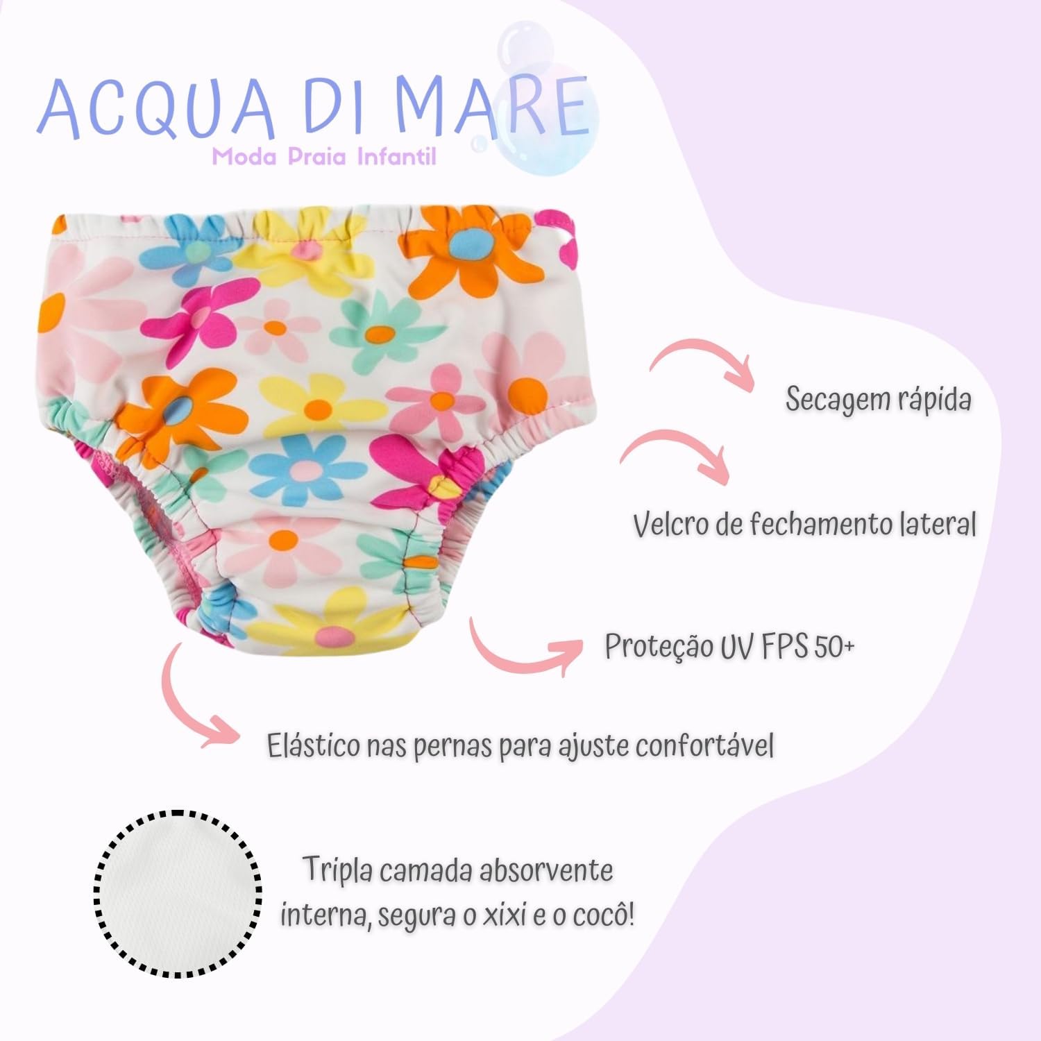Fralda Piscina Absorvente Reutilizável Bebê Menina 6 Meses (Flores) 2