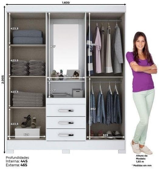Guarda-Roupa Solteiro com Espelho 4 Portas 3 Gavetas Siena Móveis 3