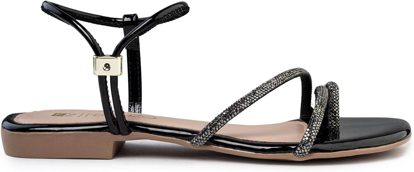 Sandália Feminina Rasteira Casual Flat com Tiras Brilhantes 1