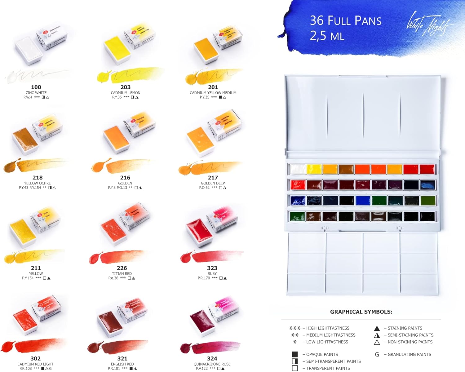 Conjunto de Aquarelas White Nights 36 Cores 2