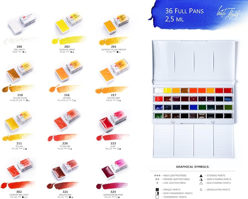Conjunto de Aquarelas White Nights 36 Cores 2
