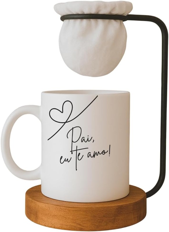 Kit Caneca Pai Eu Te Amo com Coador de Café e Base em Madeira 1