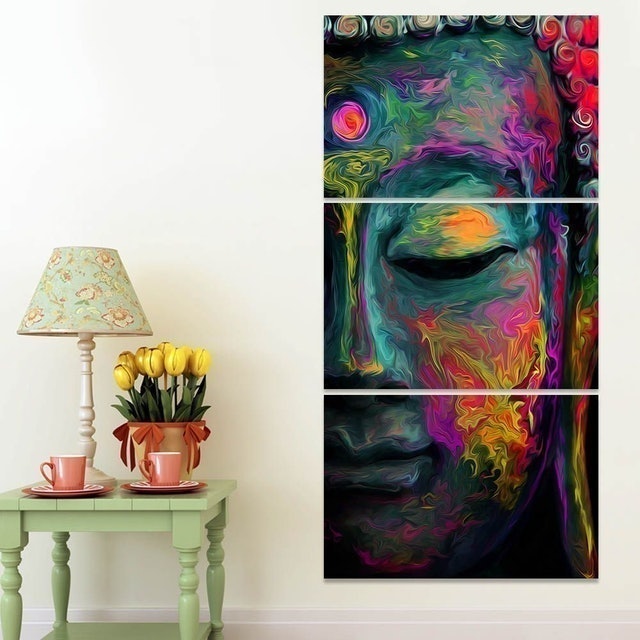Quadro Decorativo 3 Telas Budismo Vertical Buda Colorido 2