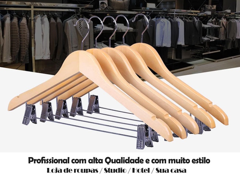 Kit 10 Unidades Cabide de Madeira 44 cm Premium com Presilha Marfim 3